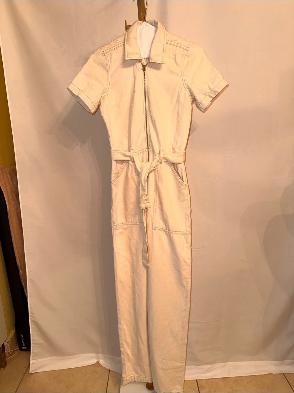 NWT Reformation Cream Short-Sleeve Zip Front Jumpsuit - Boot Flare